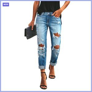 Ripped Mid Waisted Boyfriend Jeans Loose Fit Distressed Stretchy Denim Pants